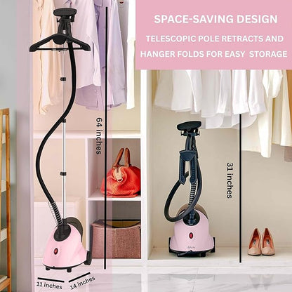 SALAV GS18-DJ Standing Garment Steamer with Roll Wheels for Easy Movement, 1.8L Water Tank for 1 Hour Continuous Steaming, Adjustable Pole for Storage, Includes Descaler Packet, 1500 watts - Pink