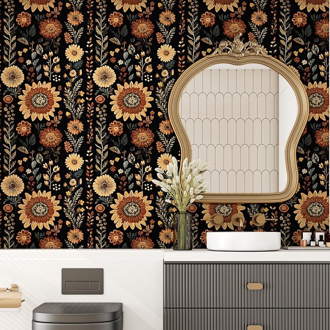 Boho Dark Floral Peel and Stick Wallpaper, Vintage Black Brown Flower Pattern Design Removable Wall Paper for Bedroom Cabinet Drawer, Vinyl Abstract Classic Contact Paper Decor 17.5In x 118In