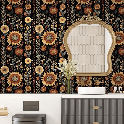 Boho Dark Floral Peel and Stick Wallpaper, Vintage Black Brown Flower Pattern Design Removable Wall Paper for Bedroom Cabinet Drawer, Vinyl Abstract Classic Contact Paper Decor 17.5In x 118In