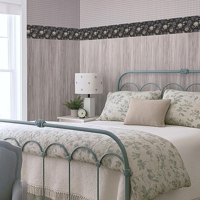 Dark Grey Vintage Floral Wallpaper Border 196x4 Inch Peel and Stick Wall Border Self Adhesive Removable Vinyl Wall Trim Elegant Rose Leaf for Kitchen Bathroom Bedroom Living Room Decor