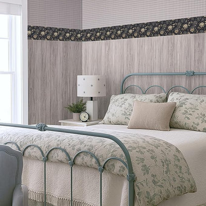 Dark Grey Vintage Floral Wallpaper Border 196x4 Inch Peel and Stick Wall Border Self Adhesive Removable Vinyl Wall Trim Elegant Rose Leaf for Kitchen Bathroom Bedroom Living Room Decor