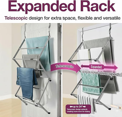 BLACK+DECKER Over The Door Expandable Telescopic Drying Rack, Clothes Organizer, Towel Hanger, Laundry, Collapsible, Silver