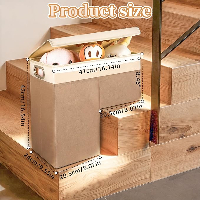 Stair Basket with Lid – Modern Storage Basket for Carpeted Stairs & Wooden Staircase, Built-in Handles, Oxford Cloth with PP Board, Organizer for Laundry, Shoes, Step Shelf, Hamper