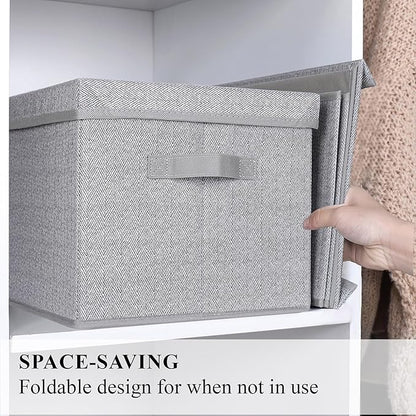 WUIKE 3 Pack Extra Large Foldable Storage Bins with Lids, Fabric Storage Bins for Home and Closet Organization, Herringbone Gray
