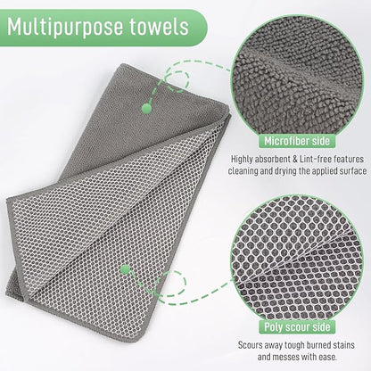 SINLAND Absorbent Microfiber Dish Cloths for Washing Dishes Best Kitchen Washcloth Cleaning Cloths with Poly Scour Side 12Inchx12 Inch 5 Pack, Grey