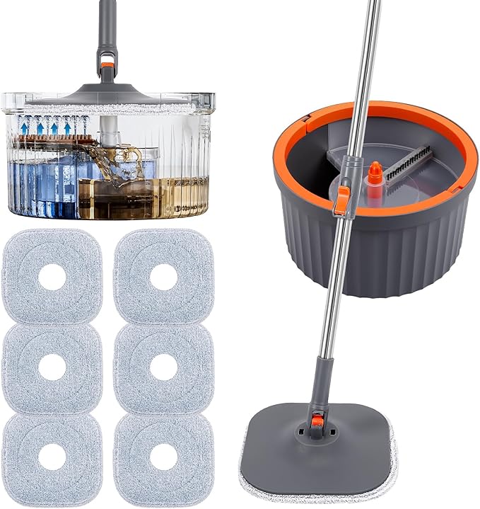LEVELEVE Mop and Bucket Set，Spin Mop and Bucket Set with Separate Dirty and Clean Water，6 Replaceable Mop Pads，Deep-Cleaning Mops for Floors, Versatile Mops for Walls