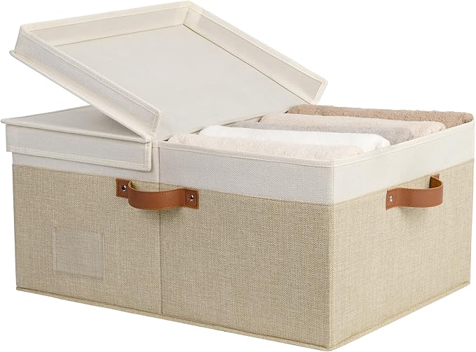 GRANNY SAYS Decorative Storage Boxes with Lid, Large Storage Bins with Label, 63L Fabric Storage Bin for Clothes, Toy Storage Chest, Memory Keepsake Box, White/Khaki