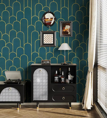 Yasinet Peel and Stick Wallpaper Green and Gold Wallpaper Dark Green Contact Paper Modern Geometric Removable Self Adhesive Wall Paper for Bedroom/Cabinet Waterproof for Bathroom Vinyl 17.3''x118''