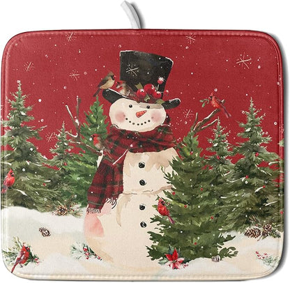 Christmas Snowman Dish Drying Mat for Kitchen Counter 16x18 Inch Watercolor Xmas Tree Bird Print Absorbent Reversible Microfiber Drying Mats Kitchen Countertop Protector Dishes Drainer Rack Pad
