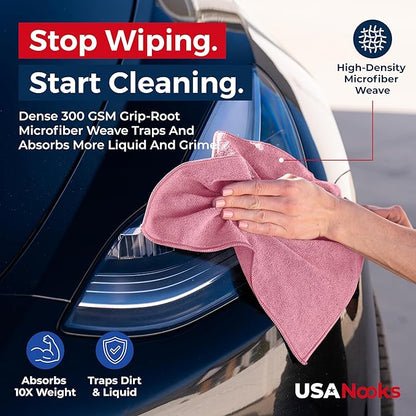 USANOOKS Microfiber Cleaning Cloth Light Pink - 50 Pcs 12.5"x12.5" - High Performance - 1200 Washes, Ultra Absorbent Towels Weave Grime & Liquid for Streak-Free Mirror Shine - Car Washing Cloth