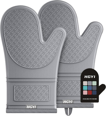 Silicone Oven Mitts, Heat Resistant Oven Gloves with Quilted Liner, Waterproof & Non-Slip Kitchen Mittens for Baking Cooking BBQ, 500°F, 12.5"-Light Gray