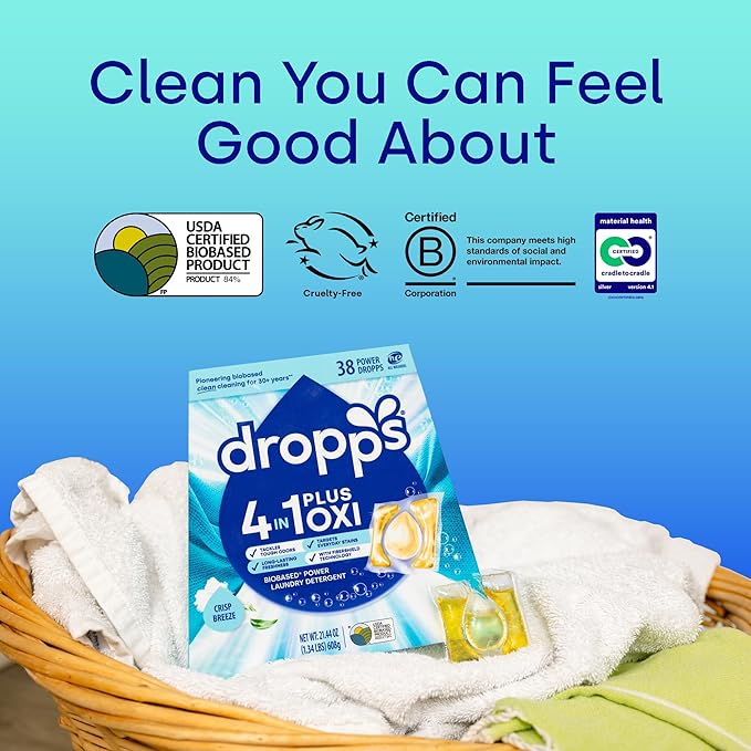 Dropps 4-in-1 Plus Oxi Laundry Detergent Pods, Crisp Breeze (38 Count) - Laundry Pods | Advanced Odor Defense | Fights Stains | Whitens & Brightens | Clean Ingredients | Plastic Free Packaging
