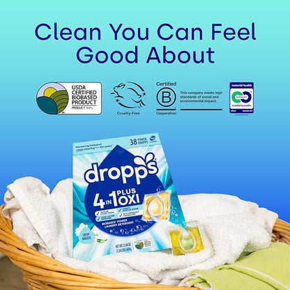 Dropps 4-in-1 Plus Oxi Laundry Detergent Pods, Crisp Breeze (38 Count) - Laundry Pods | Advanced Odor Defense | Fights Stains | Whitens & Brightens | Clean Ingredients | Plastic Free Packaging