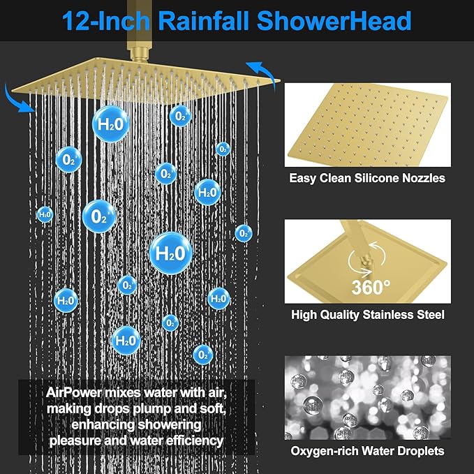 Shower Faucet Set,Brushed Gold Push Button Shower System with Rain Shower and Handheld,Gold Shower Faucet with Valve Ceiling Mount 12 Inch Shower Head and 6 Inch Shower Head with Handheld