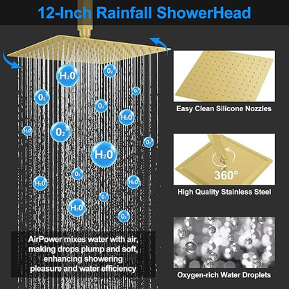 Shower Faucet Set,Brushed Gold Push Button Shower System with Rain Shower and Handheld,Gold Shower Faucet with Valve Ceiling Mount 12 Inch Shower Head and 6 Inch Shower Head with Handheld
