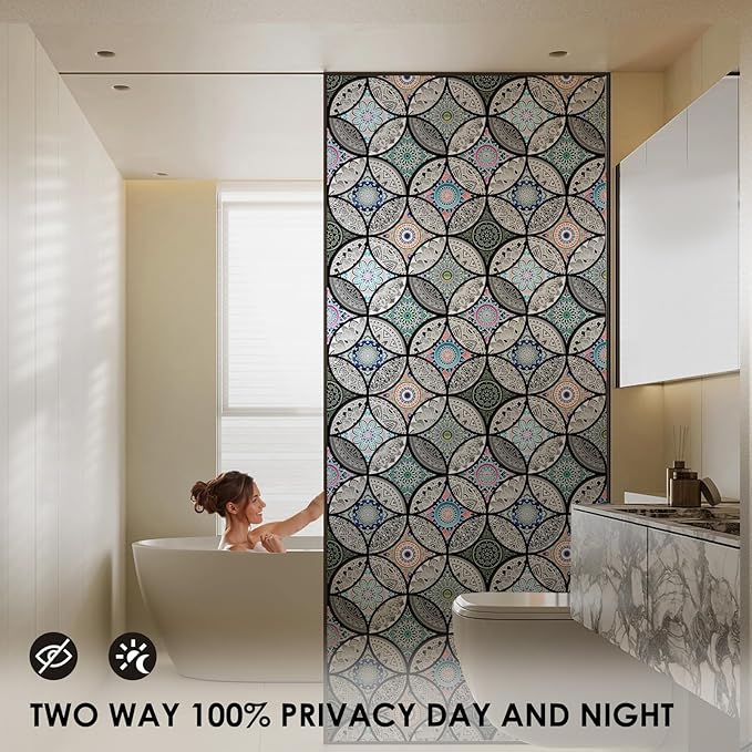 DKTIE Static Cling Decorative Window Film with Installation Tools Non Adhesive Privacy Film, Stained Glass Window Film for Bathroom Shower Door Heat Cotrol Anti UV 17.7 x 78.7 Inch