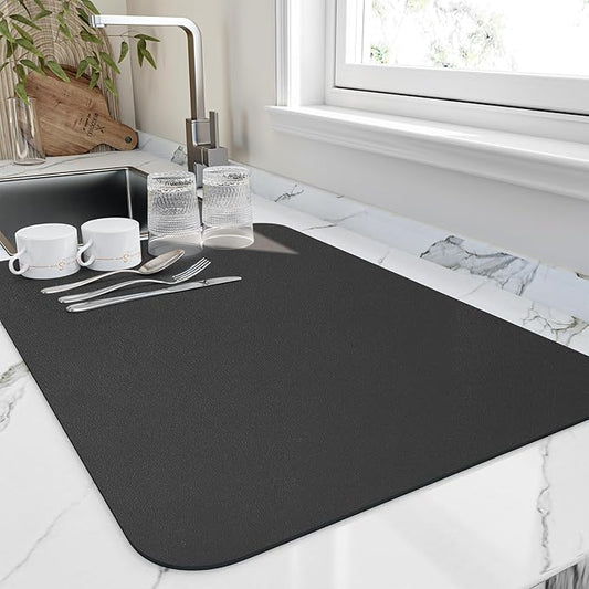 HotLive Dish Drying Mat for Kitchen Counter, Heat Resistant Drainer Mats with Non-slip Rubber Backed, Hide Stain Kitchen Super Absorbent Draining Mat, Easy to Clean Dish Rack Pad, Black 18"x28"