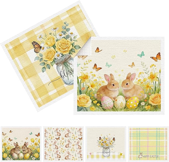 Easter Swedish Dishcloths for Kitchen, 6 Pack Yellow Bunny Floral Swedish Dish Cloths for Washing Dishes, Reusable Washable Absorbent Dish Towels for Home Kitchen Cleaning Quick Drying
