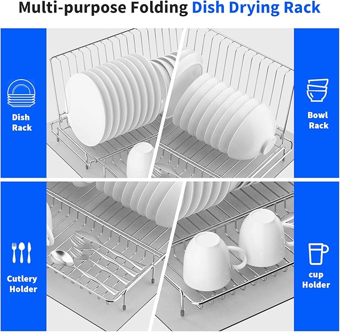 Dish Drying Rack Stainless Steel Collapsible Foldable Small Dish Rack Countertop Portable Drainer with Drying Mat for Kitchen Dorm RV Campers Travel Trailer Space Saving