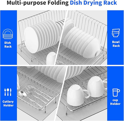 Dish Drying Rack Stainless Steel Collapsible Foldable Small Dish Rack Countertop Portable Drainer with Drying Mat for Kitchen Dorm RV Campers Travel Trailer Space Saving