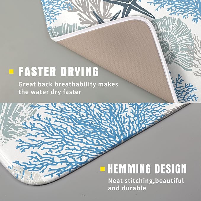 Coastal Blue Gray Dish Drying Pad 16 x 18 Inch With Absorbent Reversible Microfiber Starfish Seashell Coral Nautical Summer Drying Mats Dish Drainer Mat Fast Dry For Kitchen Dining Room Decoration