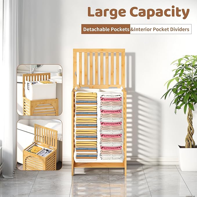 FILWH Laundry Hamper with Lid (16.9 * 13 * 26.5inches) Large Bamboo Laundry Bin Basket 85L Clothes Hamper with 1 Removable Bag Storage baskets for Bathroom(Natural)
