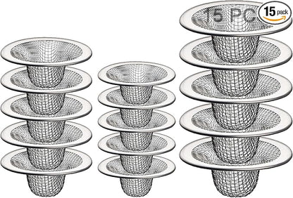 Bathroom Mesh Sink Drain Strainer Screen, 15PCS Drain Mesh Basket Cover Stainless Steel Slop Basket Filter Trap Tub Drain Screen Hair Catcher for Shower Utility Drain (2.125''&2.75"&4.41'')