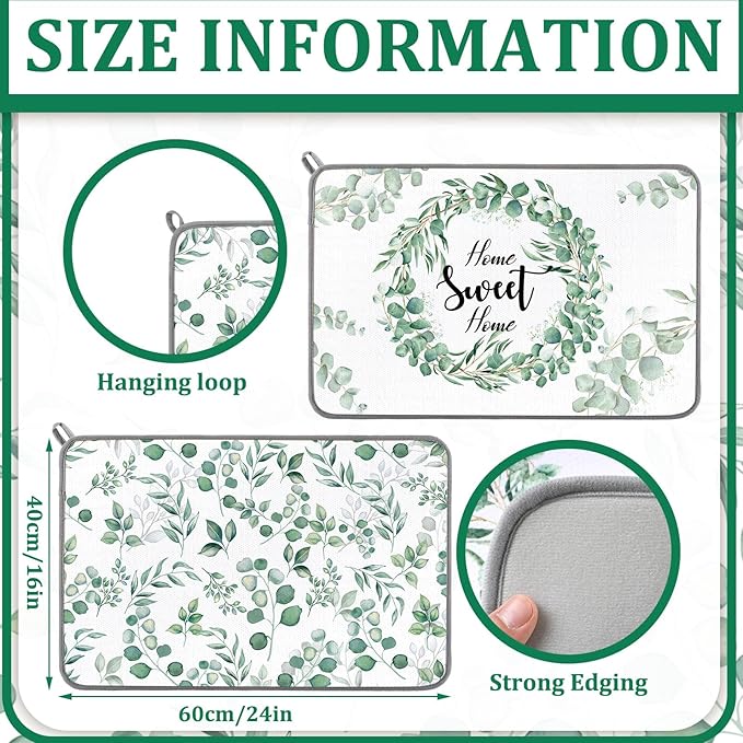 Zonon Dish Drying Mat for Kitchen Counter 16 x 24 Microfiber Absorbent Dish Drainer Rack Pads Fast Dry Mat Vintage Kitchen Decorations(Green,16" X 24",Eucalyptus Leaves)