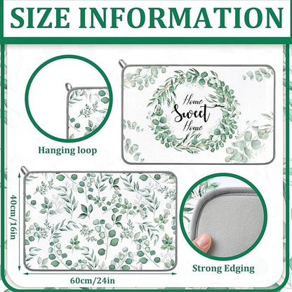Zonon Dish Drying Mat for Kitchen Counter 16 x 24 Microfiber Absorbent Dish Drainer Rack Pads Fast Dry Mat Vintage Kitchen Decorations(Green,16" X 24",Eucalyptus Leaves)