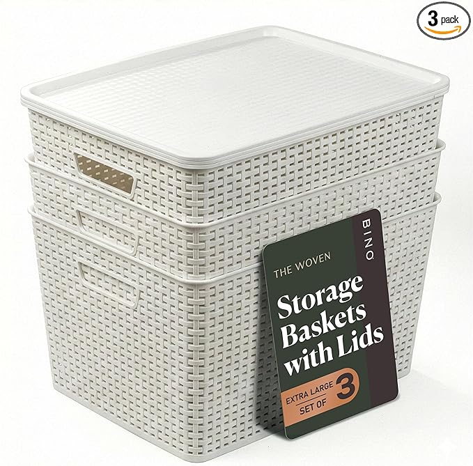 BINO | Plastic Storage Baskets with Lids, 33 Liter - 3 Pack, White | THE WOVEN COLLECTION | Storage Basket for Shelves | Woven Storage Baskets for Organizing Bins Pantry Shelf Organizer Container Bin