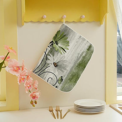 Floral Dish Drying Mat 18x24 Inches For Kitchen Counter Sage Green Daisy Flower Kitchen Decoration Drying Mat Modern Decorative Drying Pad For Home Kitchen Decor,Dining Room,Office Decor