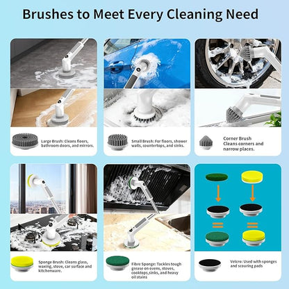 Electric Spin Scrubber, Cordless 20W High-Torque Cleaning Brush Bathroom Scrubber, IPX7 Waterproof Electric Scrubber with 6 Brush Heads, Extendable Long Handle Power Scrubber for Bathtub Floor