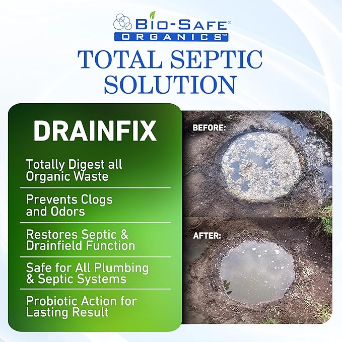 DrainFix & Septic Restorer – 32 oz Enzyme Septic Tank Treatment & Drainfield Restoration – Organic Drain Cleaner for Sewer Lines, RV & Home Plumbing – Safe for Pipes & Septic Systems