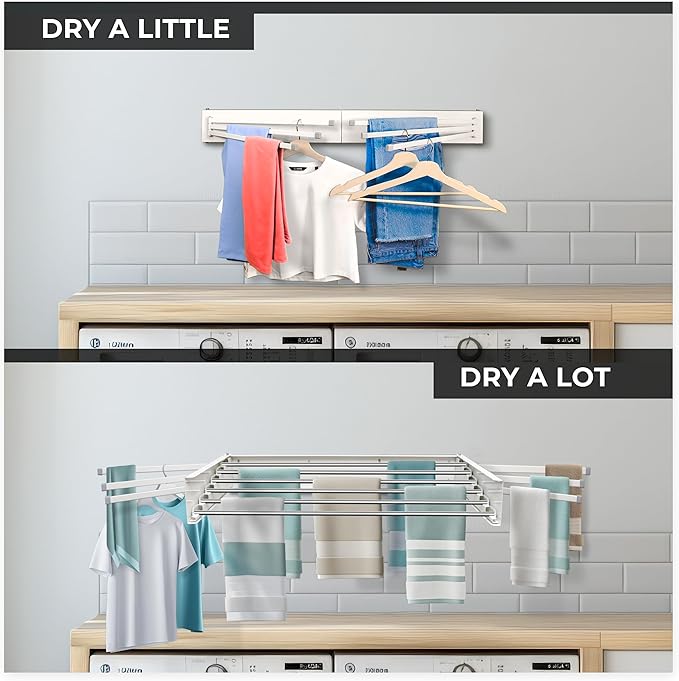 MODERN-X Wall Mounted Clothes Drying Rack Foldable w/ 2 Fold Out Towel Racks Built-in, 35in, 26 Ln. ft of Laundry Rack Space, 6 Collapsible Rods, Fits 2X More Clothes & Holds up to 80lbs, White