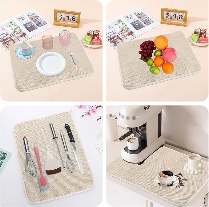2pcs Large Size Dish Drying Mats with Hanging Loop, 24*18 Inch Absorbent Microfiber Dishes Drainer Mats, Reusable Washable Dish Drying Pad for Countertop (Beige)
