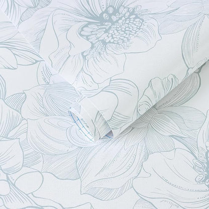Ismoon Large Floral Peel and Stick Wallpaper Boho White and Blue Contact Paper 17.3inx16.4ft Modern Wall Paper Removable Self Adhesive Vinyl Wallpaper for Bedroom Cabinet Waterproof Mural Wall Decor