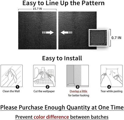 Black Peel and Stick Wallpaper, 15.7'' X 118'' Crocodile Wallpaper Embossed Easy off Self Adhesive Removable Contact Paper Textured for Cabinet Bedroom with Knife Tape Measure (Cismmy 0001)