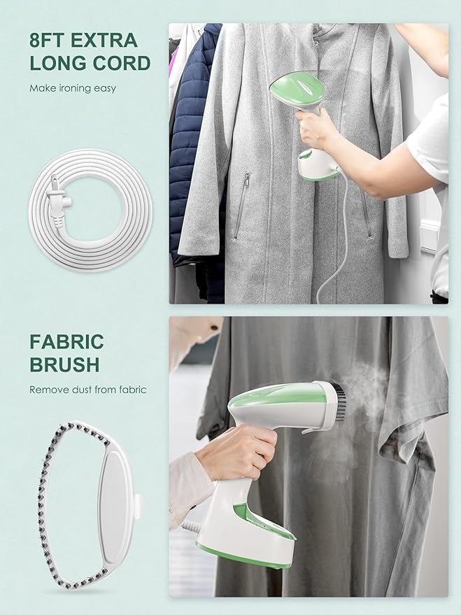 Reemix Steamer for Clothes, Folding Handheld Design Garment Wrinkles Remover, 20g/min Strong Penetrating Steam, 25-Sec Fast Heat-up, for Home, Office and Travel (Green)