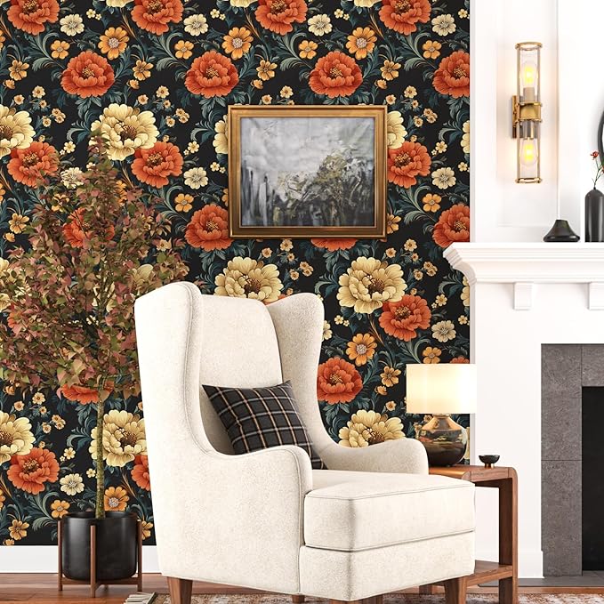 Vintage Vibrant Floral Peel and Stick Wallpaper, Dark Classic Flower Design Self Adhesive Wallpaper for Cubicle Bedroom Cabinet, Vinyl Removable Contact Paper Antique Wall Decor 17.5In x 118In