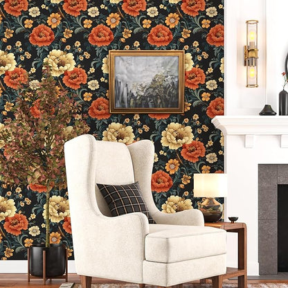 Vintage Vibrant Floral Peel and Stick Wallpaper, Dark Classic Flower Design Self Adhesive Wallpaper for Cubicle Bedroom Cabinet, Vinyl Removable Contact Paper Antique Wall Decor 17.5In x 118In