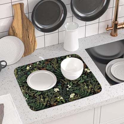 Black Sage Green Plant Dish Drying Pad 16 x 18 Inch with Absorbent Reversible Microfiber Vintage Botanical Fern Leaves Floral Drying Mats For Kitchen Counter Dining Room Decoration