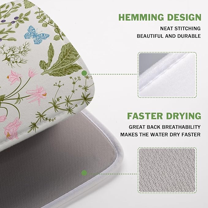 Kawani Wild Flowers Plant Dish Drying Mats for Kitchen Counter 16x18 Inch,Sage Herbs Kitchen Drying Mat,Botanical Plant Dishes Pad Dish Drainer Rack Mats Absorbent Fast Dry Kitchen Accessories