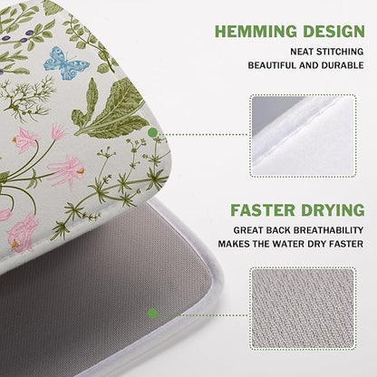 Kawani Wild Flowers Plant Dish Drying Mats for Kitchen Counter 16x18 Inch,Sage Herbs Kitchen Drying Mat,Botanical Plant Dishes Pad Dish Drainer Rack Mats Absorbent Fast Dry Kitchen Accessories