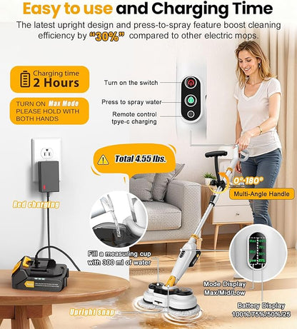 qimedo Battery Electric Mop M3, 800RPM Cordless Electric Power Scrubber & Mops for Floor Cleaning, Best Automatic Spin Mops with Smart Display,Rotating Mop with LED Light & Water Spray