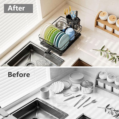 AIDERLY Iron Dish Drying Rack Auto Drain Dish Drainers Kitchen Counter Strainer with Draining Tray, All Black