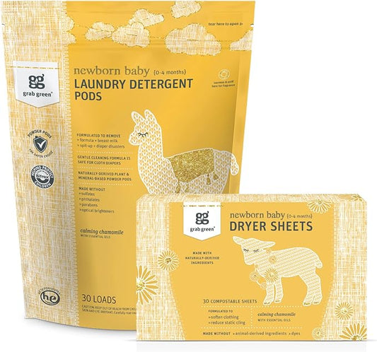 Grab Green Newborn Baby Laundry Detergent Pods and Dryer Sheets Bundle, 30 Count Pods and 40 Dryer Sheets, Calming Chamomile Scent, Plant and Mineral Based Laundry Care Set