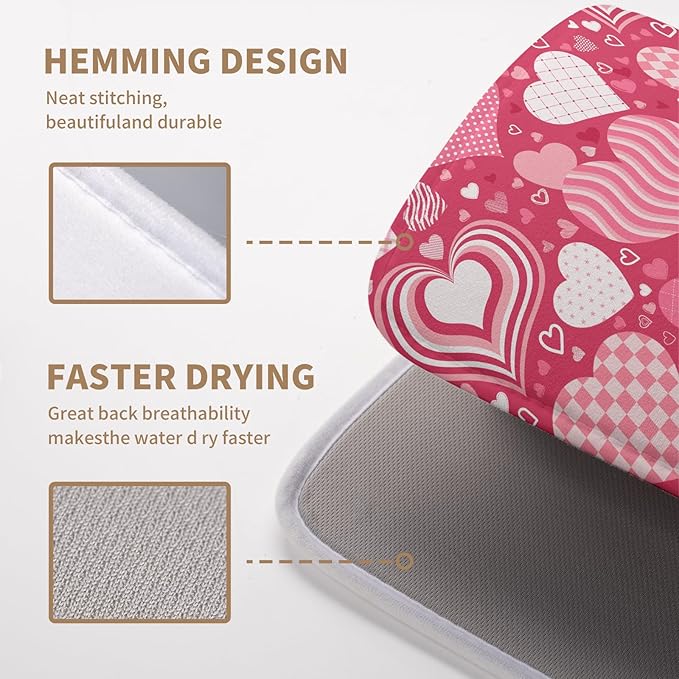 Valentine's Day Red Pink Love Heart Drying Mat for Kitchen Counter - Absorbent Microfiber Dish Drainer Mats - Medium Drying Pad - 16x18 Inch