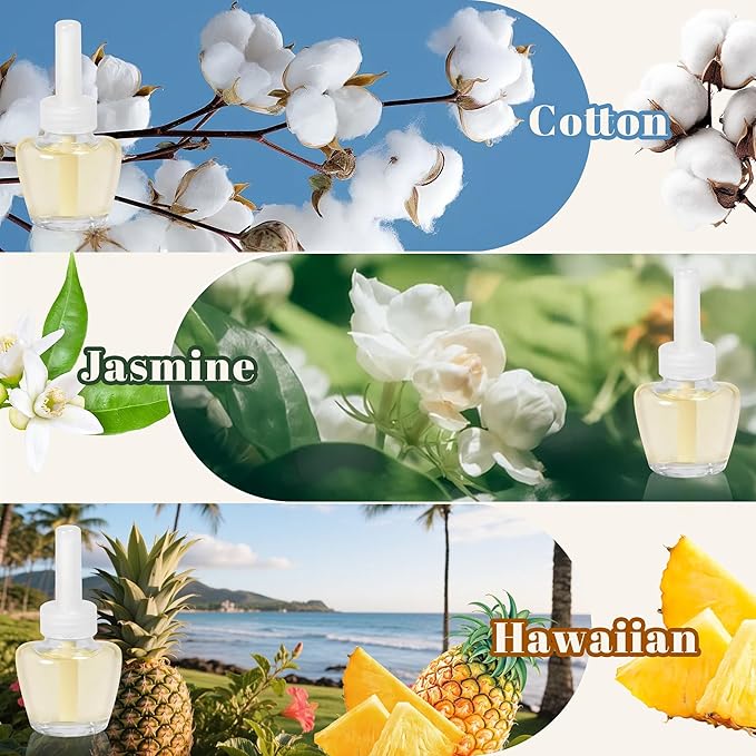 Plug In Air Freshener Refills for Home, Hawaiian, Jasmine & Cotton Scent for Bathrooms & Kitchen, 12 Count Plug Refill for Bedrooms, Office, Compatible with Air Wick & Glade, Not Include Glade Plus