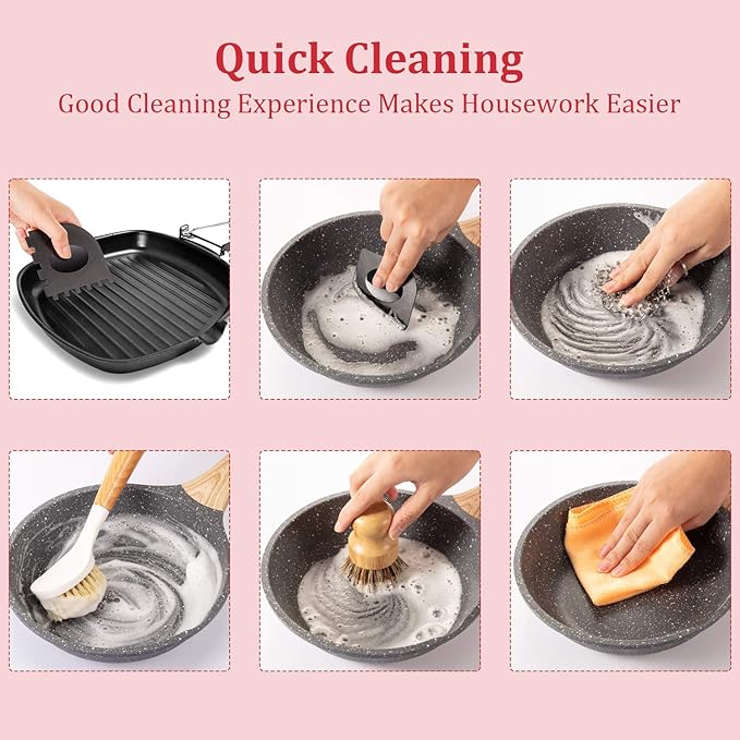 Patelai 8 Pieces Cast Iron Skillet Cleaner Care Kit Include Chainmail Scrubber, Bamboo Handle Dish Brush, Scrub Brushes, Pan Grill Scrapers for Cleaning Cast Iron Skillets, Pot & Pans(Orange)