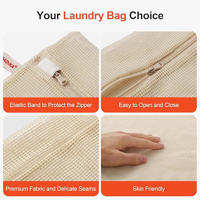 MADIKA 100% Cotton Mesh Laundry Bags, Organic Cotton Laundry bags, No Dye, Set of 4, Natural
